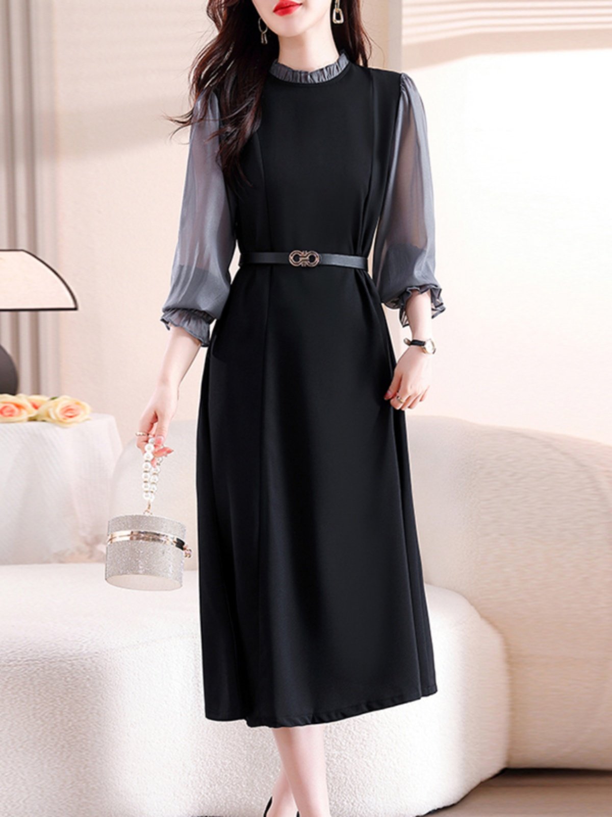 ブルベ冬服　透け感袖シアーフリル襟付きベルト付きワンピース