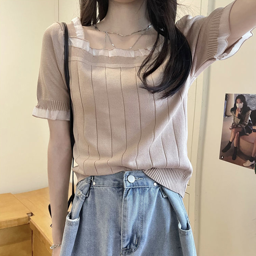 ニット　レース付き スクエアネック 夏用ニット（ブルベ夏向け・ブルベ冬向け）