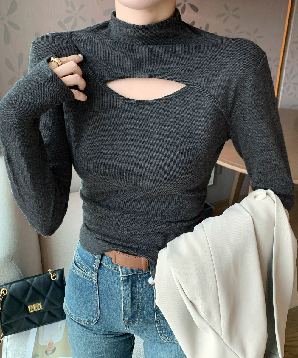 ブルベ服　肌見せ穴あきハイネック長袖Tシャツ（ブルベ夏向け・ブルベ冬向け）