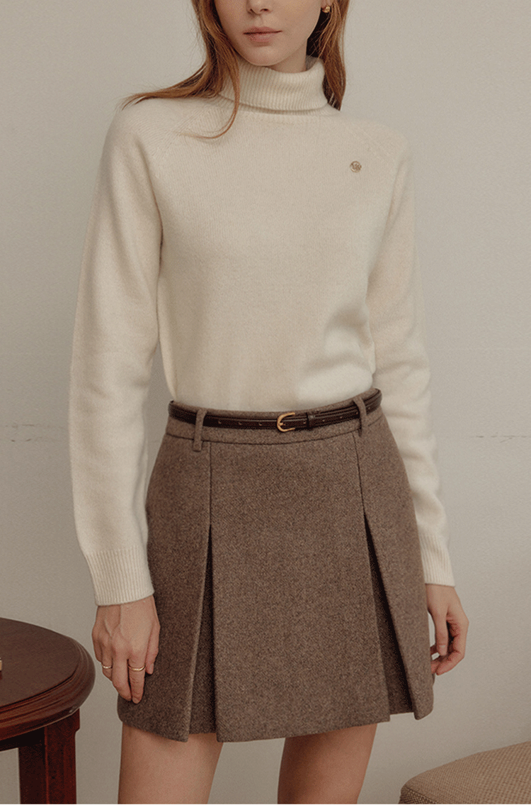 ブルベファッション プリーツ切替ウールミックス台形ミニスカート