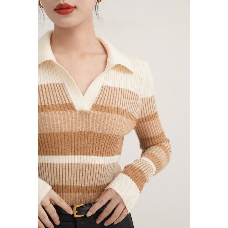ブルベ夏服　襟付きマルチボーダーリブニット長袖トップス