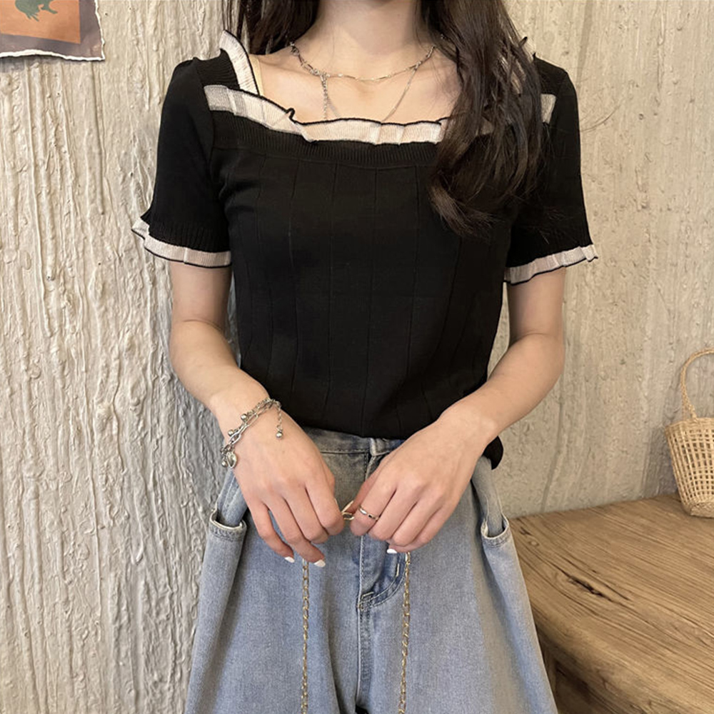 ニット　レース付き スクエアネック 夏用ニット（ブルベ夏向け・ブルベ冬向け）