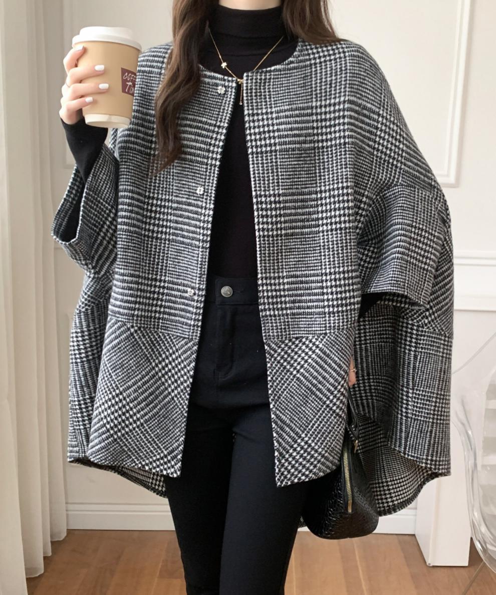 ブルベ夏/ブルベ冬服　千鳥格子柄ノーカラーオーバーサイズコート