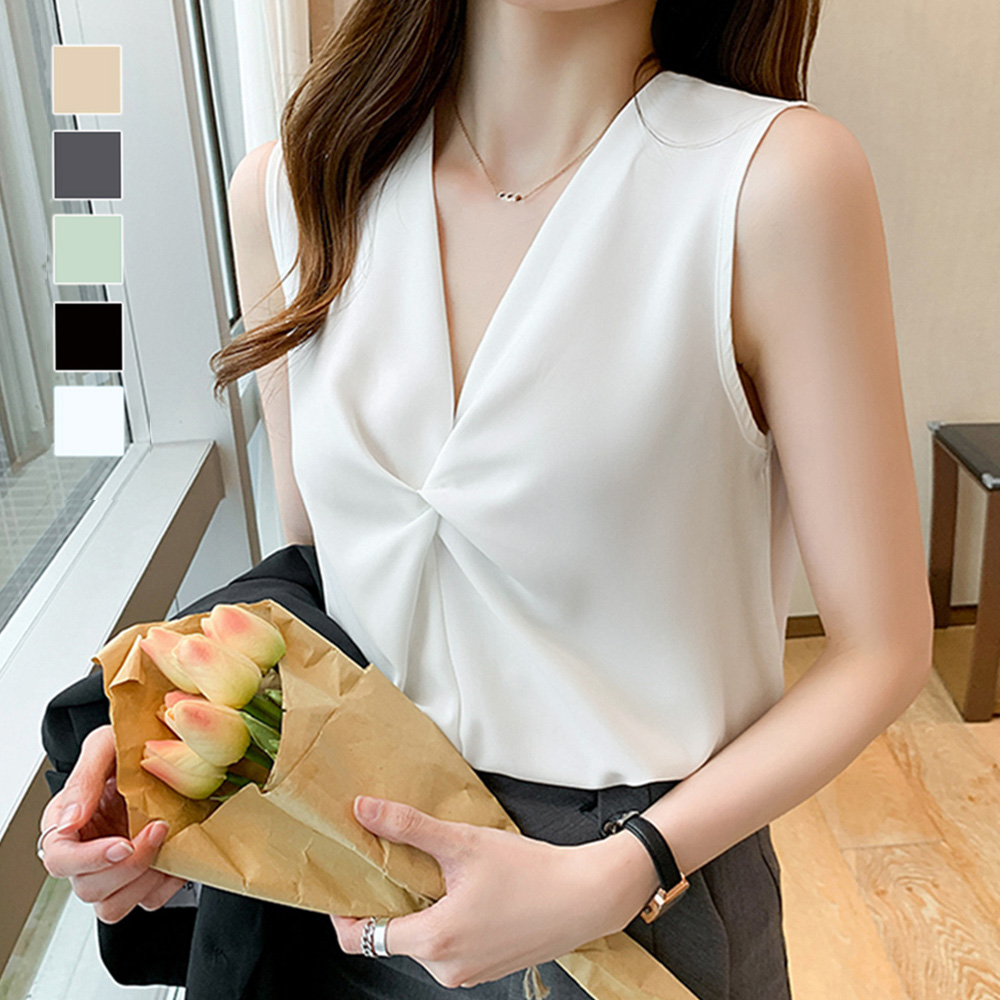 シャツ　上品ギャザーVネックブラウス ノースリーブシャツ（ブルベ夏向け・ブルベ冬向け）
