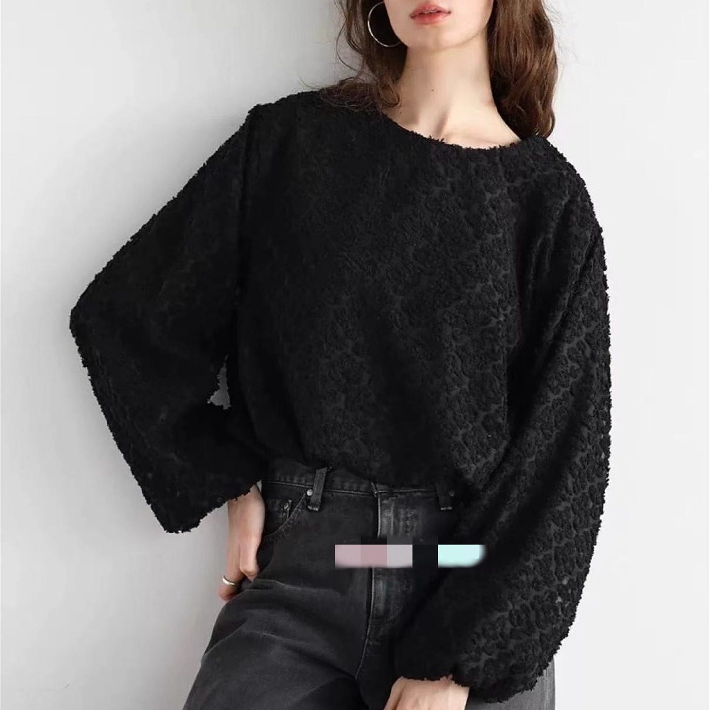 ブルベ夏/ブルベ冬服　ふわふわ起毛素材の丸首長袖ブラウス