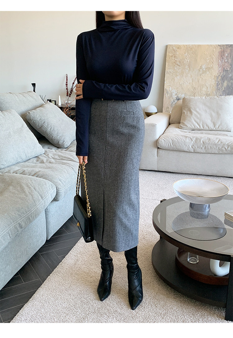 ブルベ夏/ブルベ冬服　ヘリンボーン柄ウール混ハイウエストロングスカート