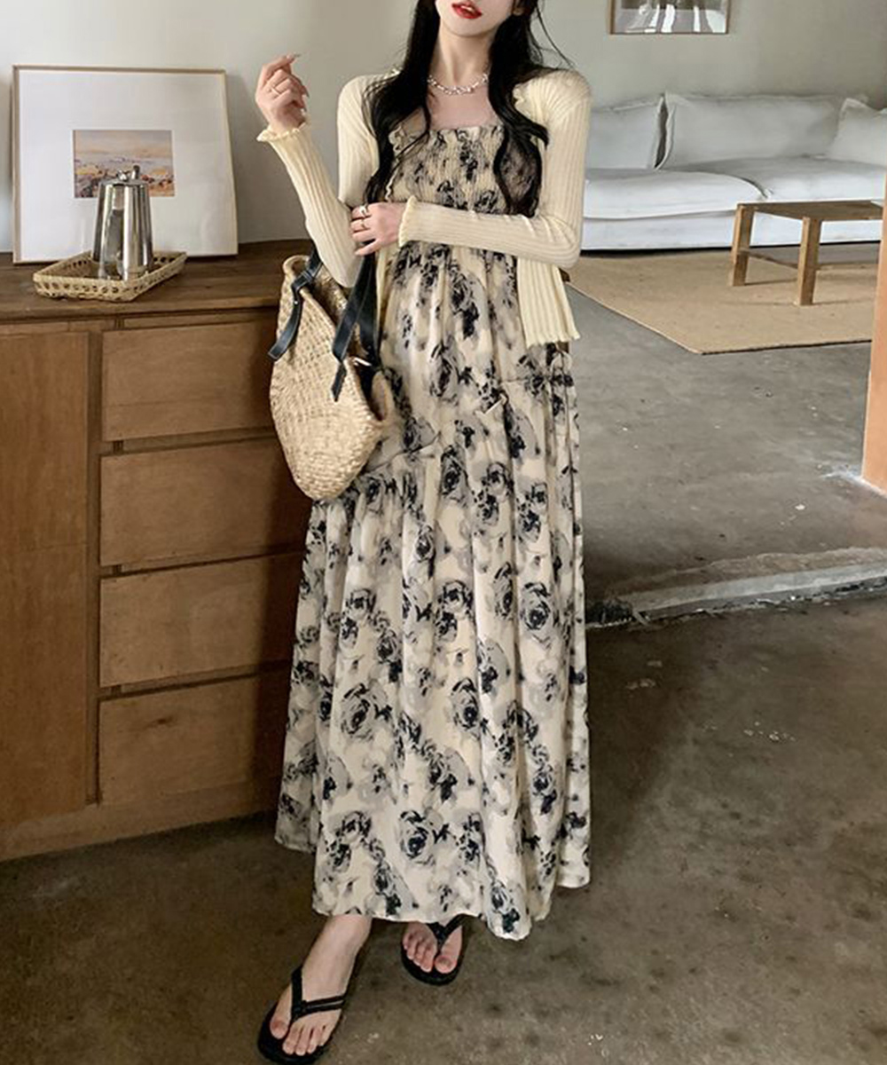 ワンピース　花柄シャーリング キャミワンピース ロング丈（ブルベ夏向け・ブルベ冬向け）