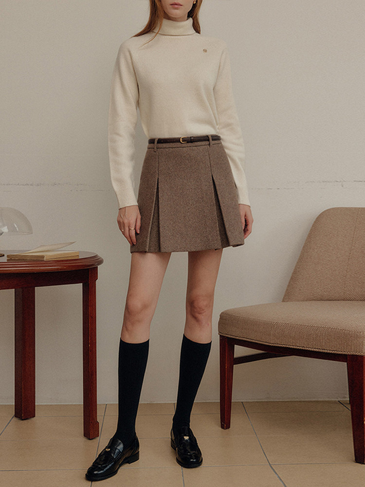 ブルベファッション プリーツ切替ウールミックス台形ミニスカート