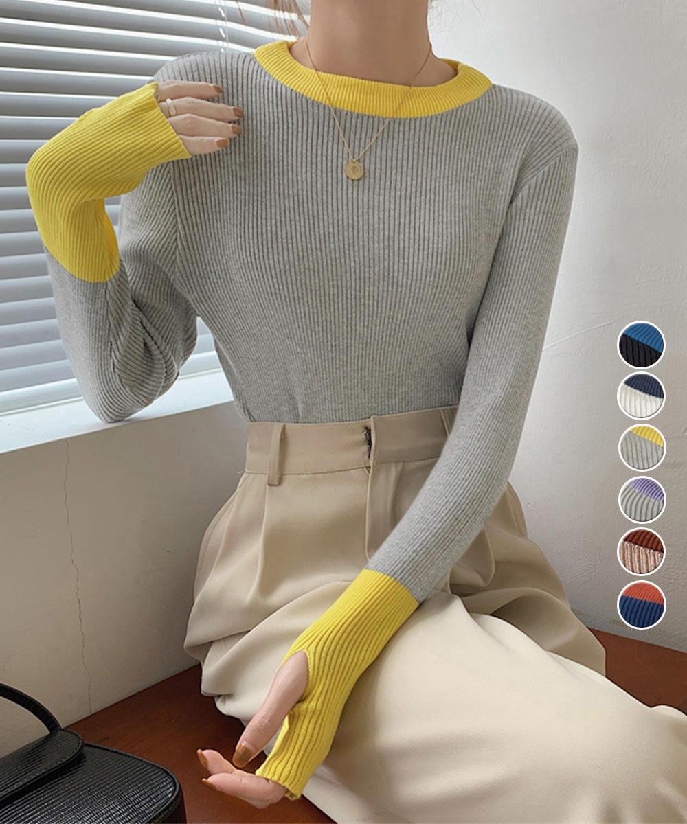 ブルベ服　配色ニット・カーディガン 指穴付きリブニットプルオーバー（ブルベ夏向け・ブルベ冬向け）