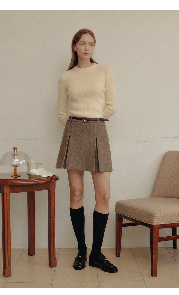 ブルベファッション プリーツ切替ウールミックス台形ミニスカート