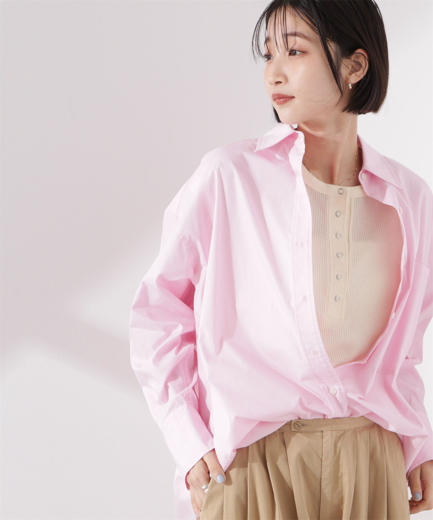 Tシャツ　涼やかワッフル編みヘンリーネックＴシャツ（ブルベ夏向け・ブルベ冬向け）