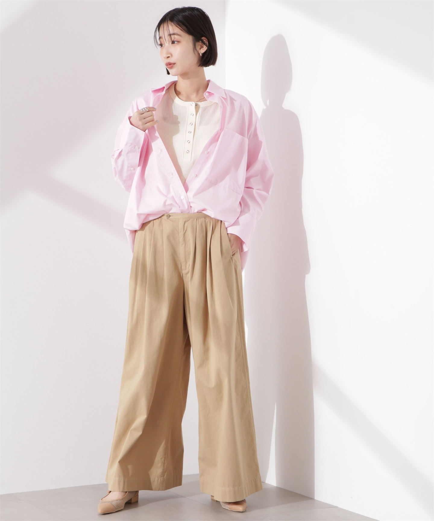 Tシャツ　涼やかワッフル編みヘンリーネックＴシャツ（ブルベ夏向け・ブルベ冬向け）