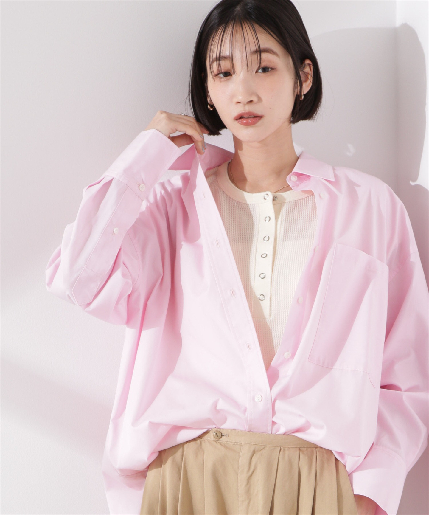 Tシャツ　涼やかワッフル編みヘンリーネックＴシャツ（ブルベ夏向け・ブルベ冬向け）