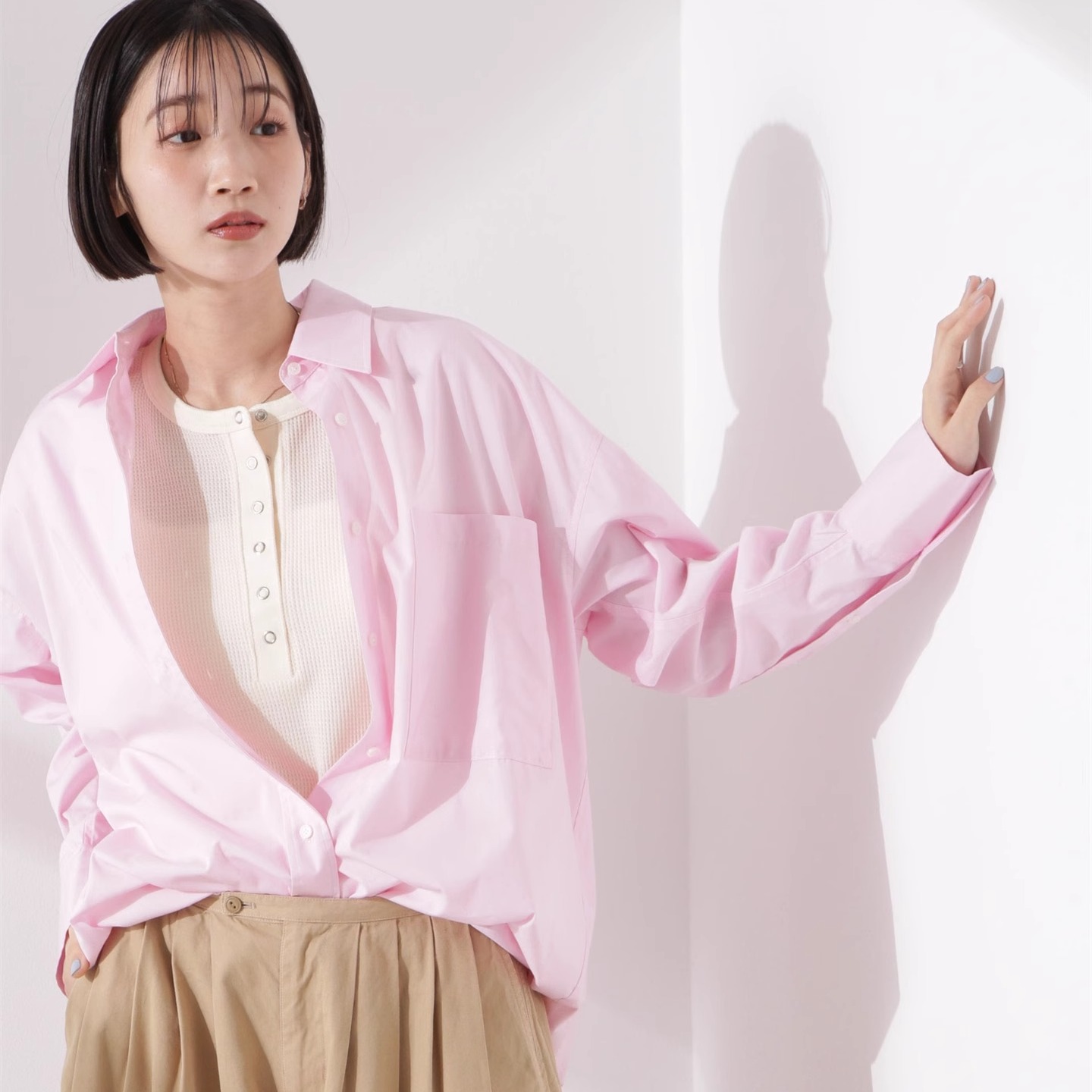 Tシャツ　涼やかワッフル編みヘンリーネックＴシャツ（ブルベ夏向け・ブルベ冬向け）