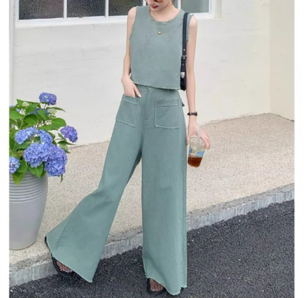 ブルベ夏服 ノースリーブデニム セットアップ パンツセットアップ