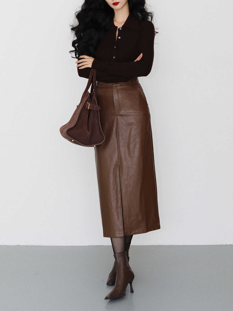 ブルベ冬服　ハイウエスト合成皮革ロングタイトスカート