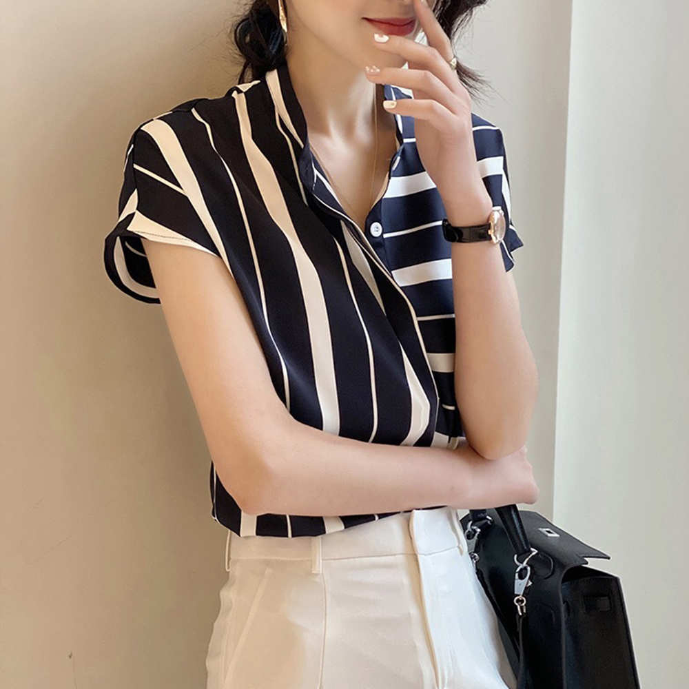 イエベ服　ストライプ柄 開襟ブラウス（イエベ春向け・イエベ秋向け）