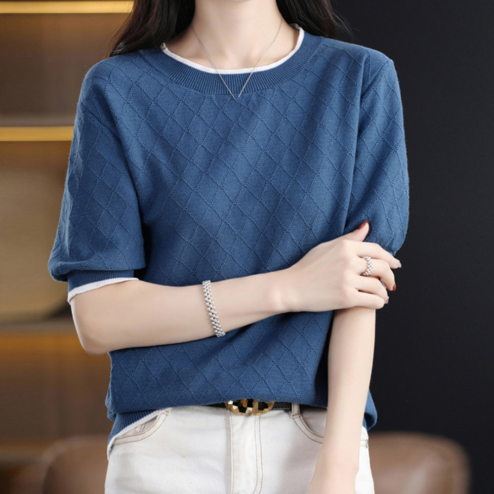 ブルベ服　バイカラーパイピング ひし形柄 サマーニット 半袖（ブルベ夏向け・ブルベ冬向け）