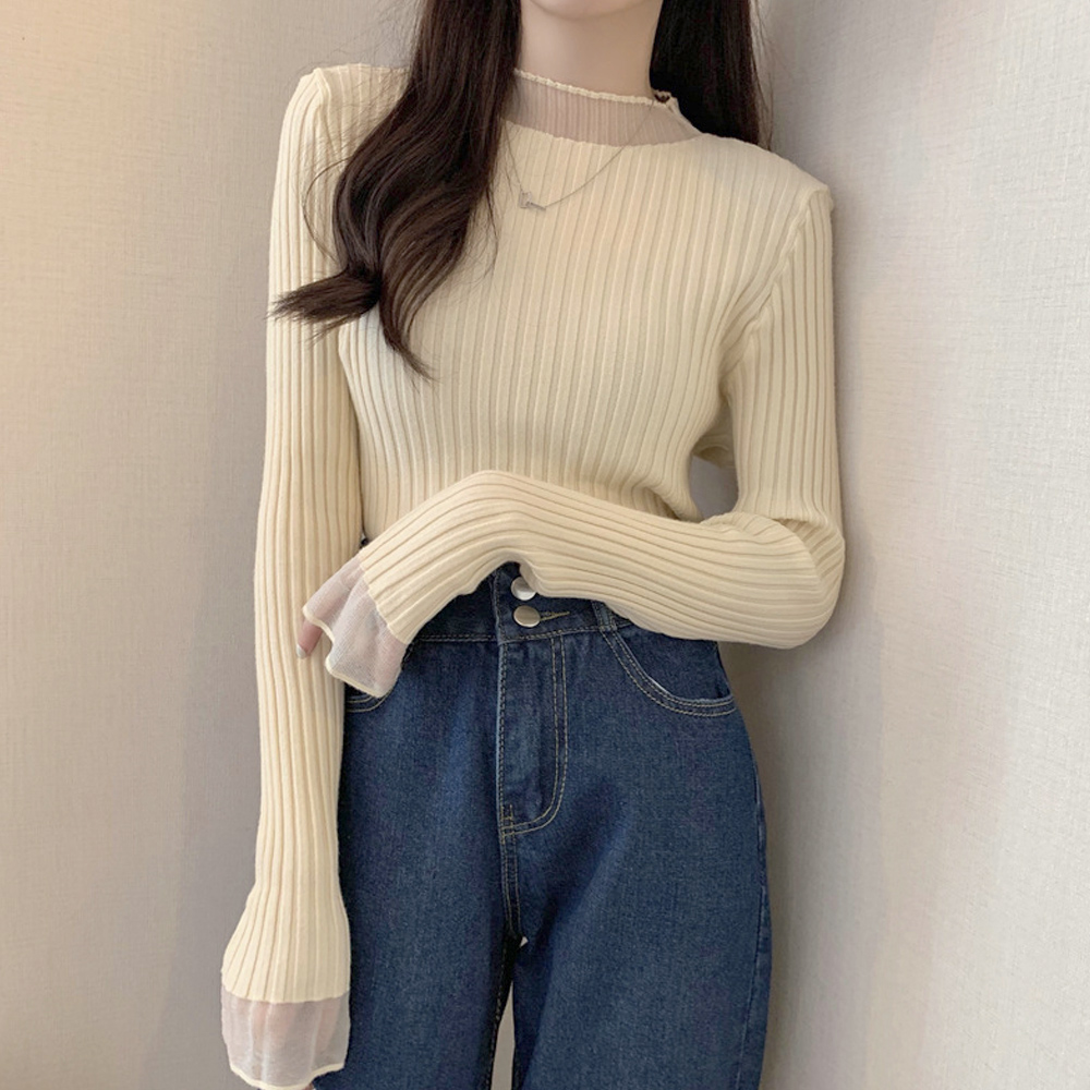 ブルベ服　袖レース付きリブニット長袖セーター女性用カーディガン（ブルベ夏向け・ブルベ冬向け）