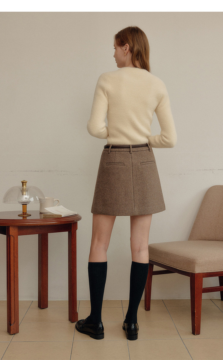 ブルベファッション プリーツ切替ウールミックス台形ミニスカート