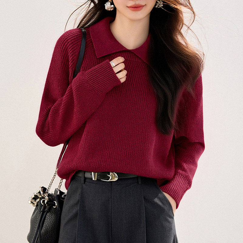 ブルベ夏/ブルベ冬服　襟付きリブ編みゆったりニットプルオーバー