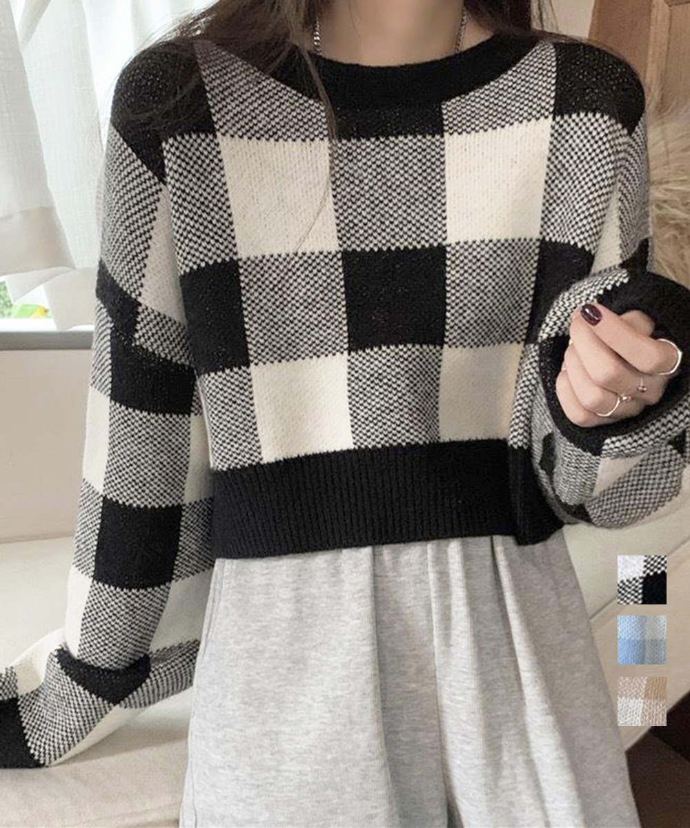 ブルベ服　ブロックチェック柄ショート丈ニット（ブルベ夏向け・ブルベ冬向け）