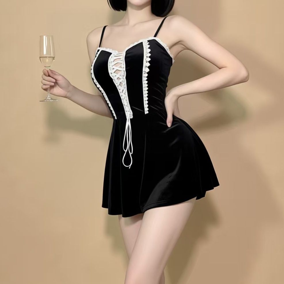 ボンテージ レース編み上げベルベットミニドレス風ランジェリー