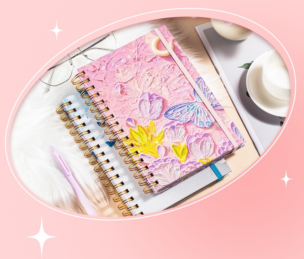 ブックカバー 油彩風花柄と蝶々の立体的装飾ノート型ブックカバー