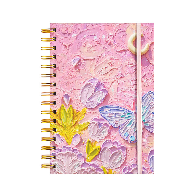 ブックカバー 油彩風花柄と蝶々の立体的装飾ノート型ブックカバー