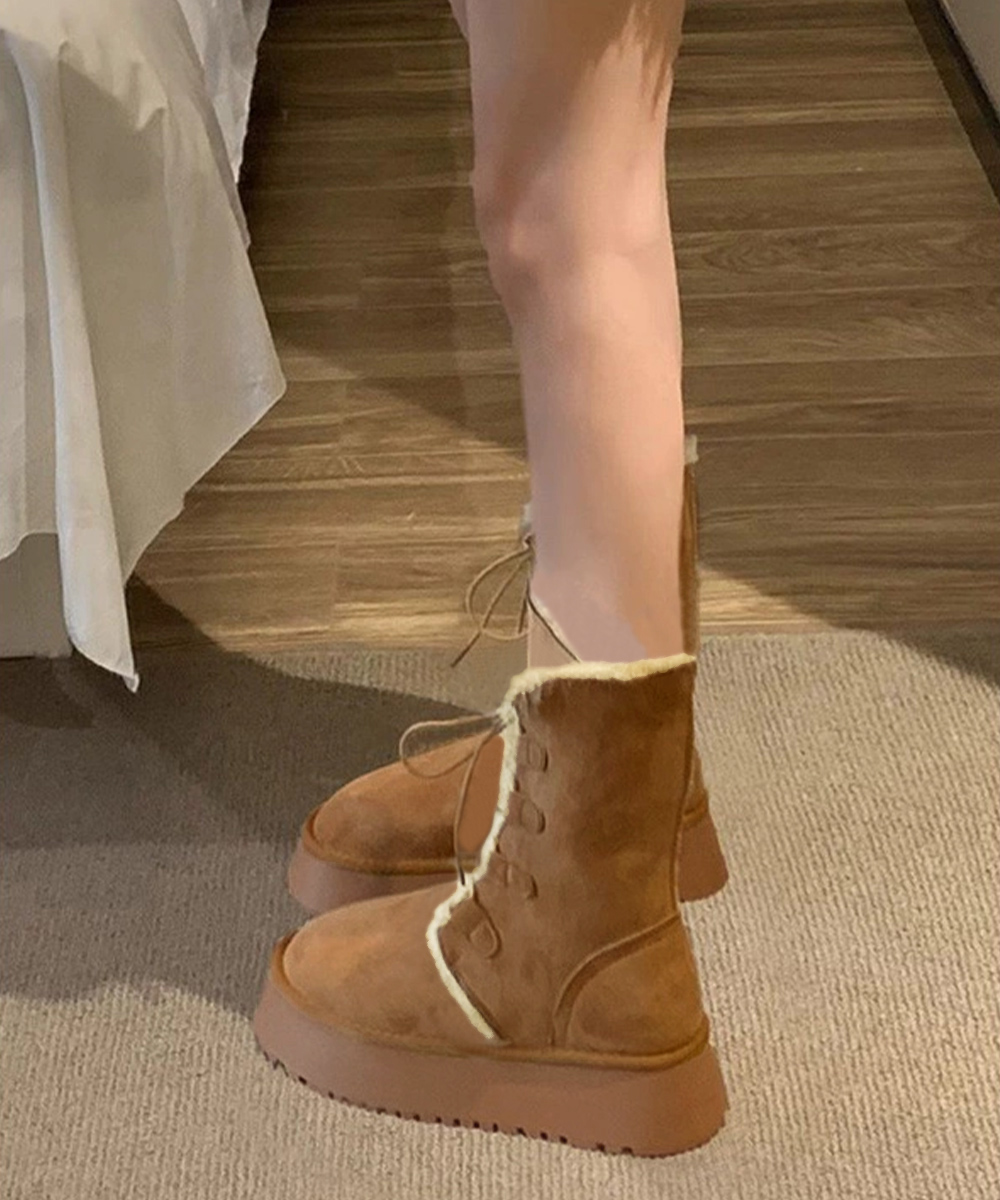 裏起毛ムートンブーツ 厚底レースアップ 防寒ブーツ