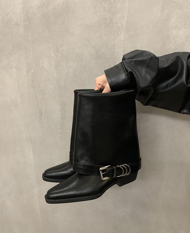 定番人気 とがった先端 黒色 ミドルブーツ 脚長効果