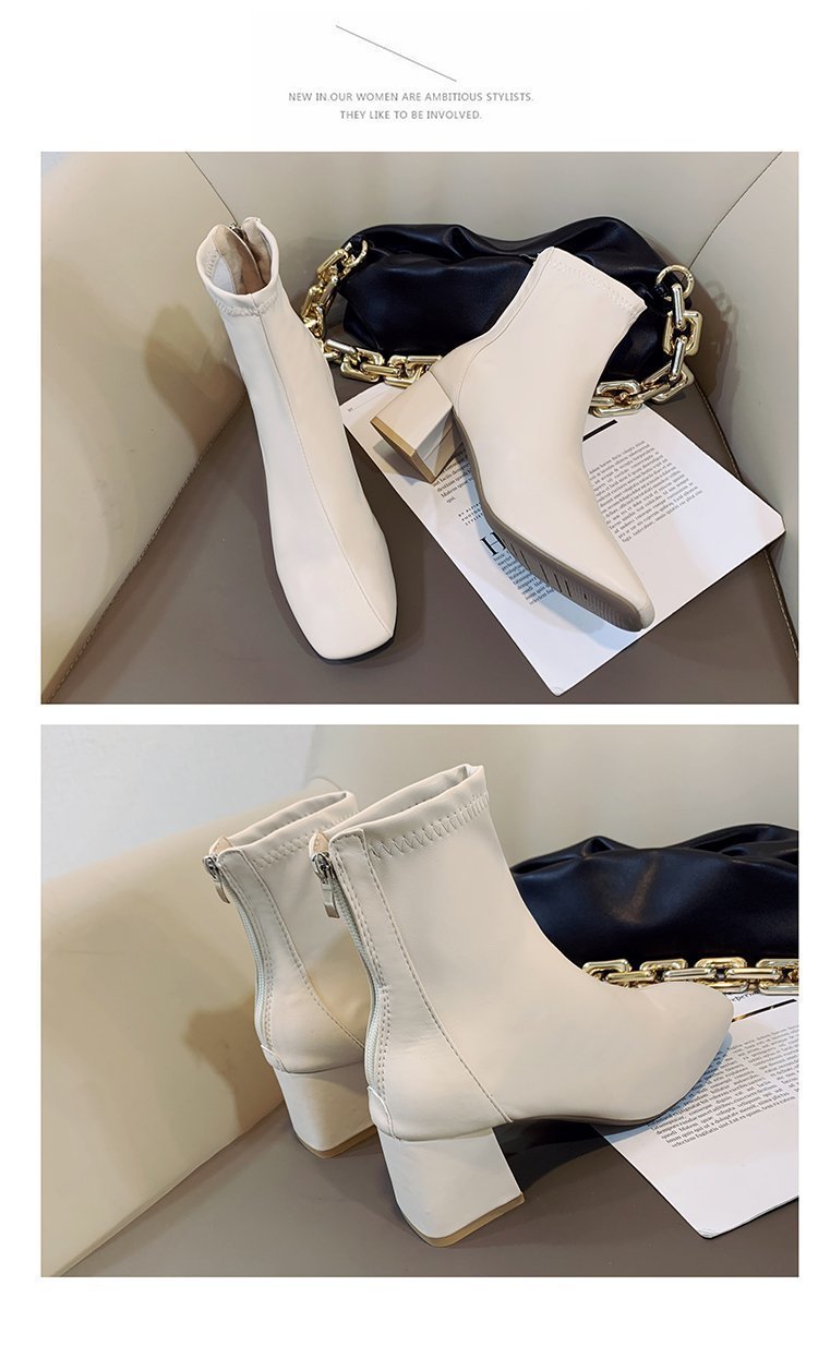 定番人気ショートブーツ太ヒール6センチ黒白