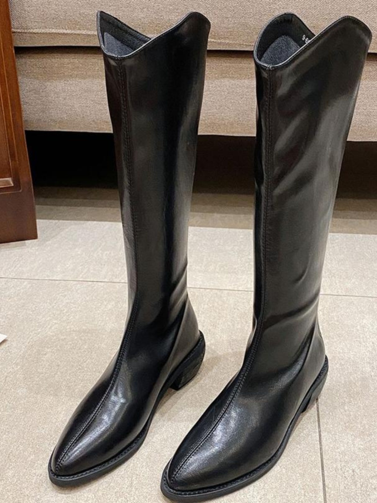 新作レディース革調ロングブーツ脚長効果低ヒール