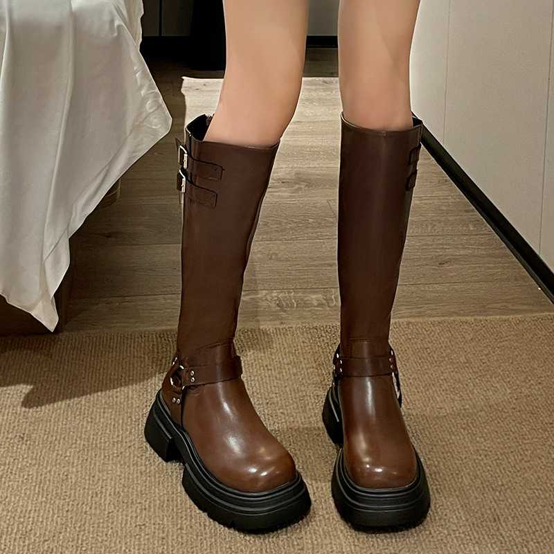 ブーツ ロング 厚底ベルトデザインロングブーツ