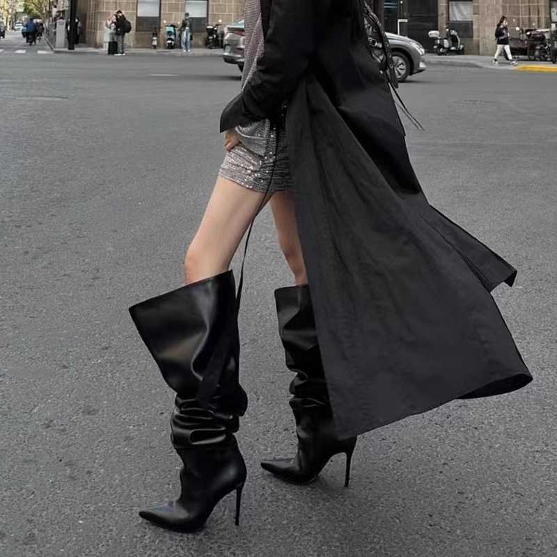 ブーツ しわ加工スリムヒールロングブーツ