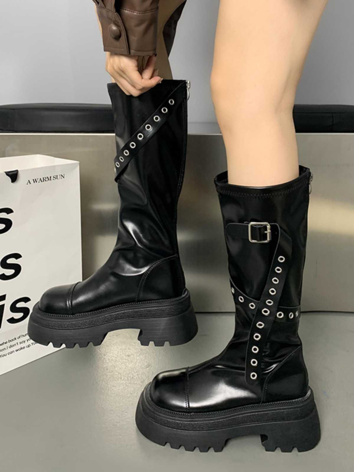 ブーツ クロスベルトデザインロングブーツ