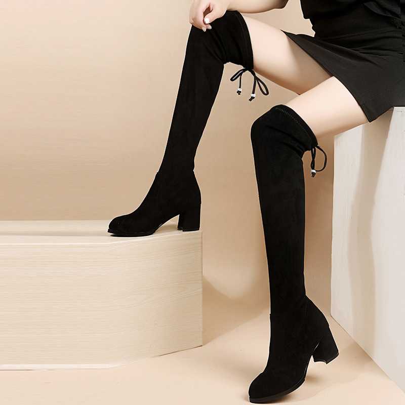 ブーツ 太めヒール リボン付きニーハイブーツ