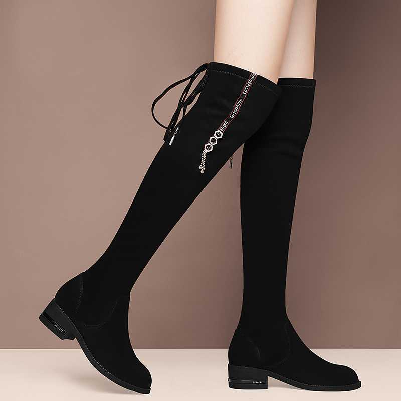 ブーツ リボン飾り付きストレッチニーハイブーツ