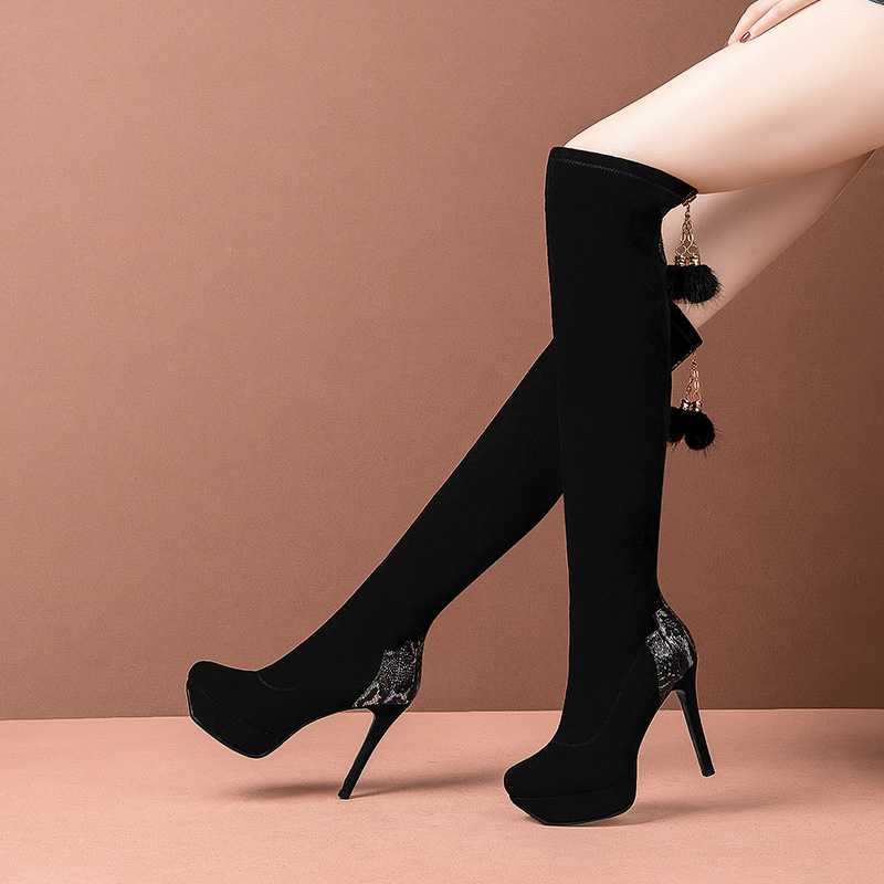 ブーツ ポンポン付きスエードニーハイブーツ