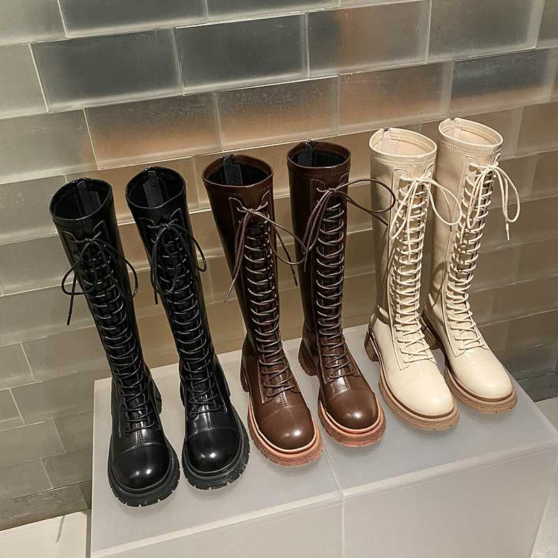 ブーツ 編み上げ厚底ロングブーツ