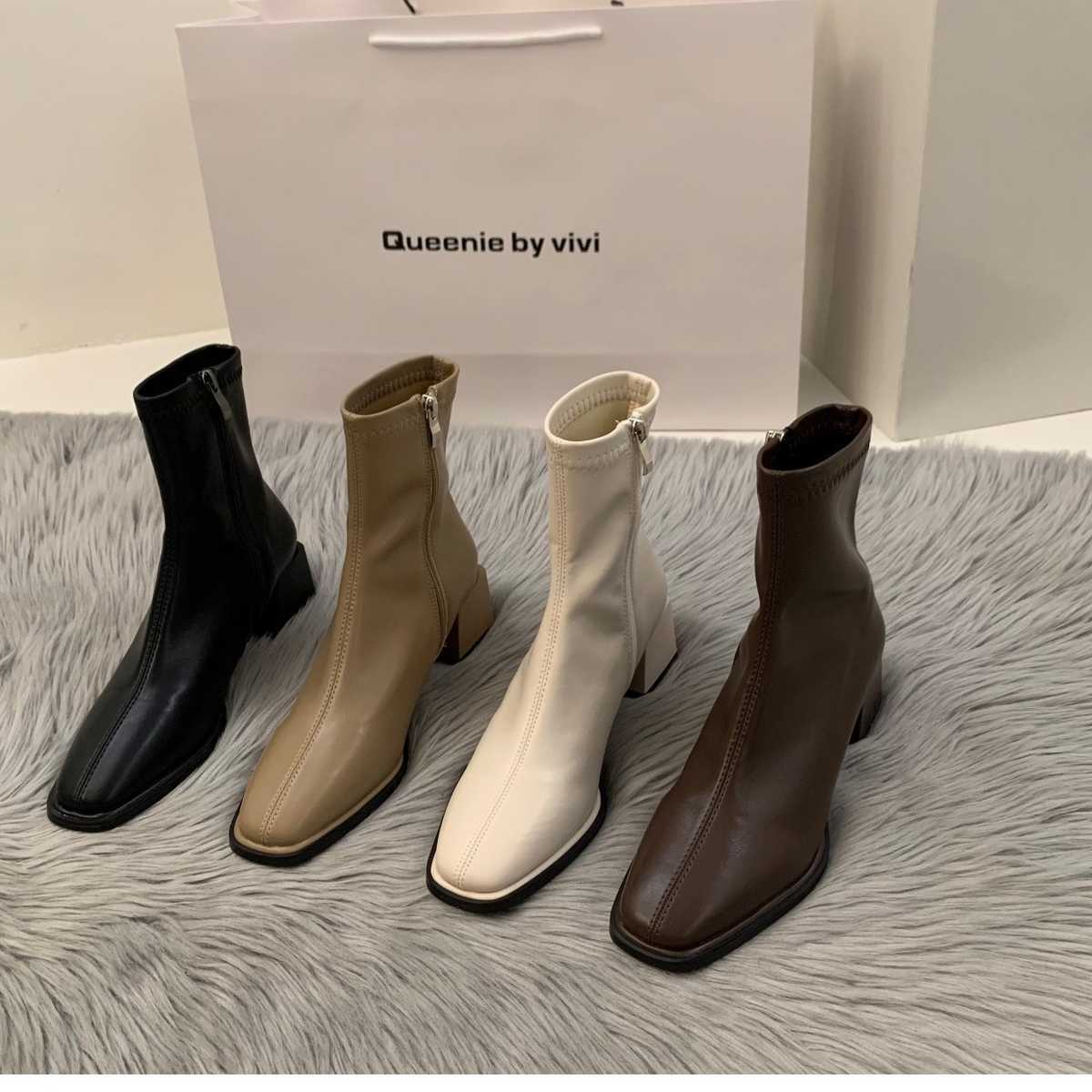 ブーツ すっきり見えスクエアトゥショートブーツ