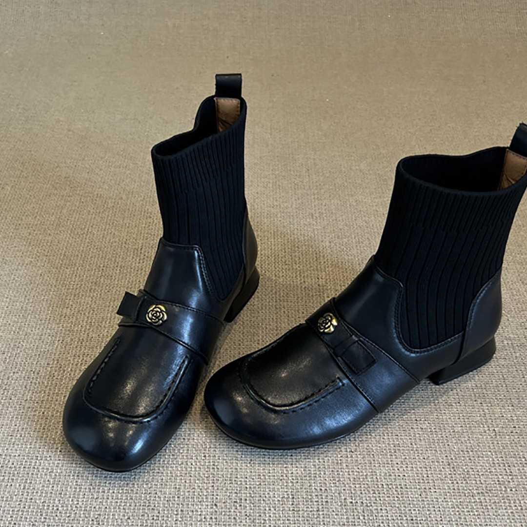 ブーツ リブ編み伸縮ローファーブーツ