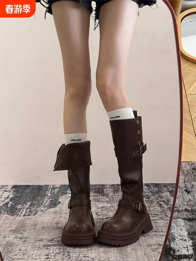 ブーツ 折り返しデザイン厚底ロングブーツ