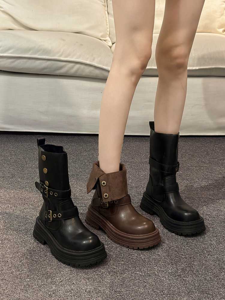 ブーツ ベルト飾り折り返しミドル厚底ブーツ