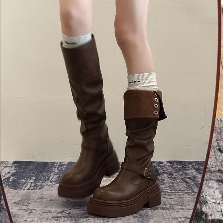 ブーツ 厚底ソール折り返しデザインロングブーツ