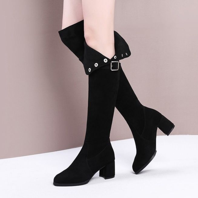 太めヒールベルト付きスエード調ニーハイブーツ