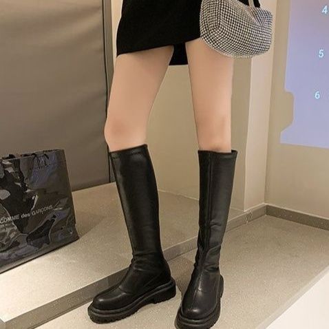 厚底ソール膝下丈ストレッチロングブーツ