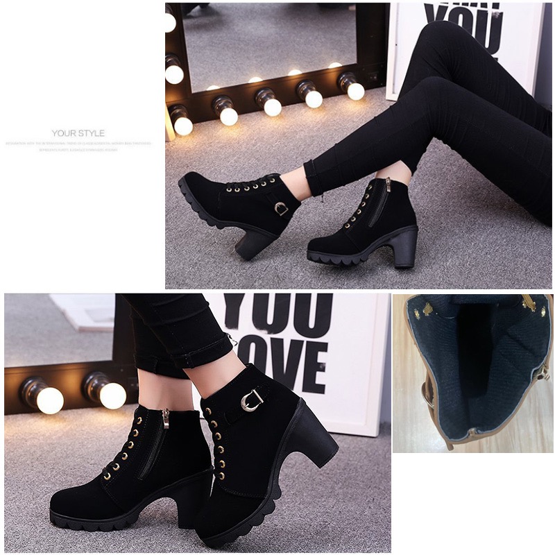 編み上げショートブーツ レディース 太ヒール 秋冬