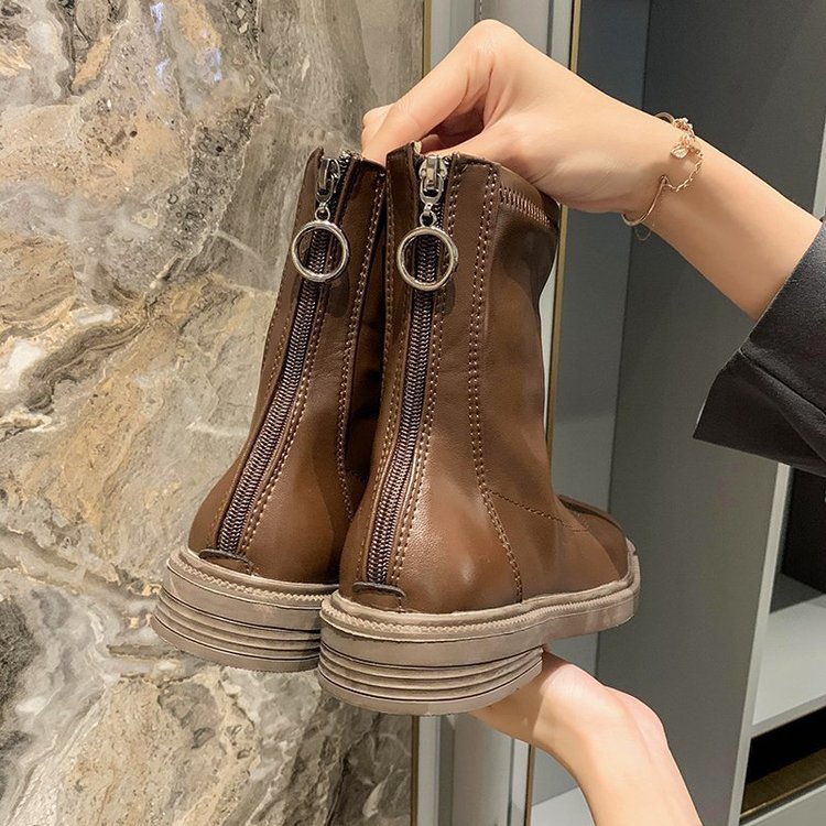 裏起毛あったかショートブーツ ぺたんこフラット バックファスナー