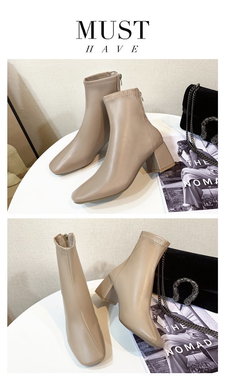 定番人気ショートブーツ太ヒール6センチ黒白